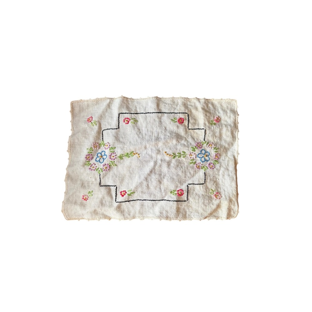 Vintage Floral Embroidered Handkerchief Linen Pink Blue Flowers‎ 10x7